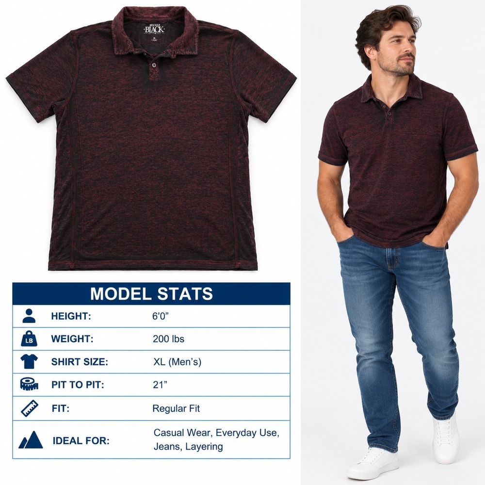 Buckle Black No. 48 Mens XL Burgundy Space Dye Short Sleeve Polo Shirt BB9082